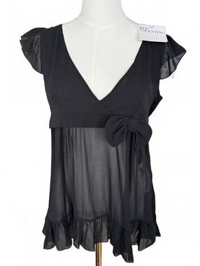 Red Valentino Silk Black Sheer Babydoll Top Bow Accent US 6